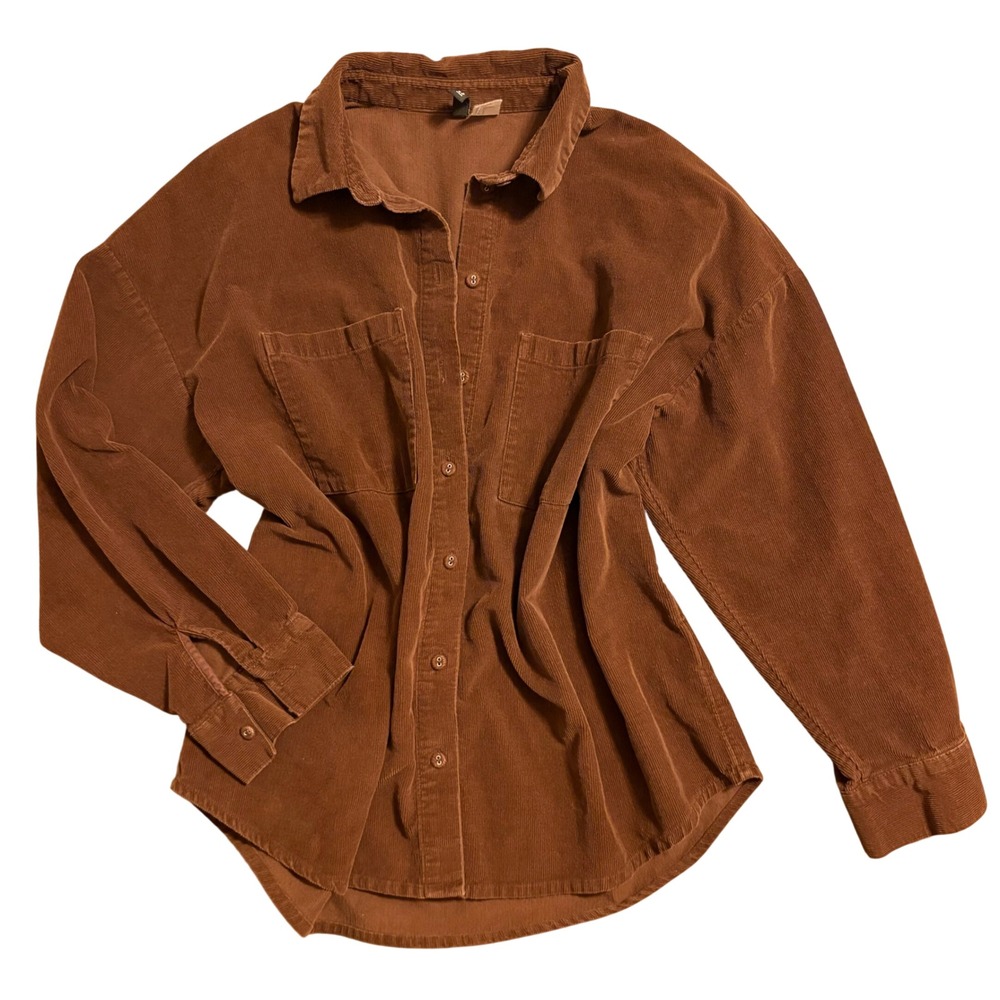 H&M Divided Corduroy Button Down Shirt Brown Long Sleeve Casual Oversized Size S